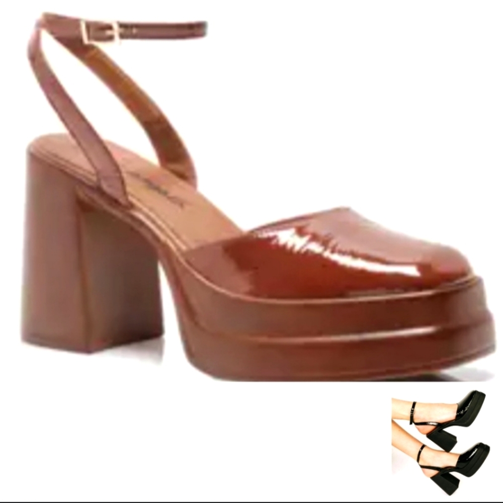 New Free People Patent Leather Double Stack Platform Sandals Pecan Brown Shoes